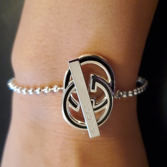 Gucci Interlocking GG Black/Silver 925 Women's Toggle Bracelet - EUC - Picture 3 of 11